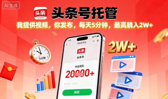 【头条号托管】我提供视频，你发布，每天5分钟，最高躺入2W+【揭秘】-多米联创