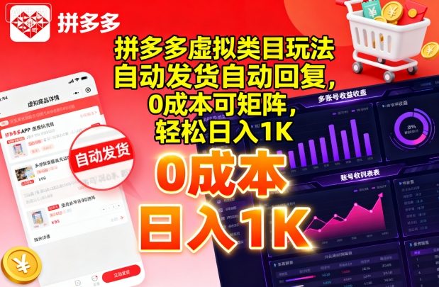 拼多多虚拟类目玩法，自动发货自动回复，0成本可矩阵，轻松日入1K【揭秘】-多米联创