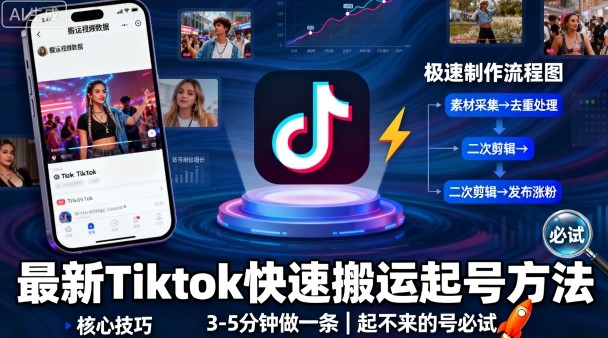 最新Tiktok快速搬运快速起号方法，3-5分钟做一条，起不来的号可以试试-58创客网