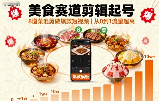 美食赛道剪辑起号，8道菜混剪做爆款短视频，从0到1，流量超高-多米联创