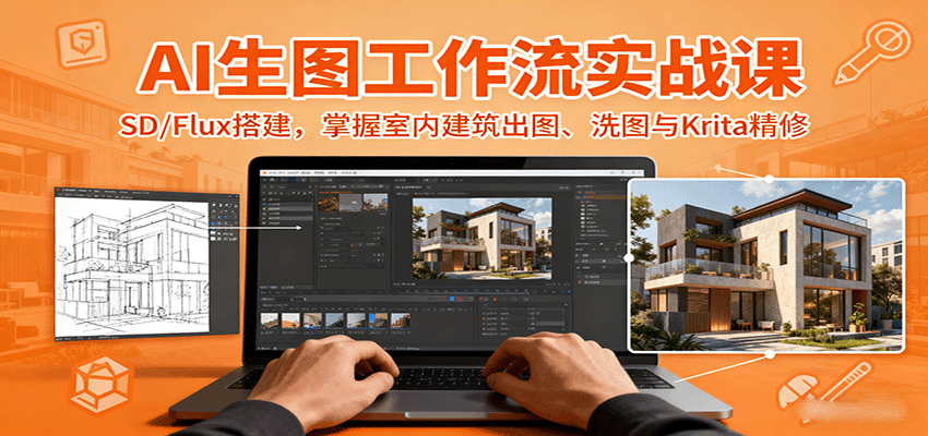 AI生图工作流实战课：SD/Flux搭建，掌握室内建筑出图、洗图与Krita精修-多米联创
