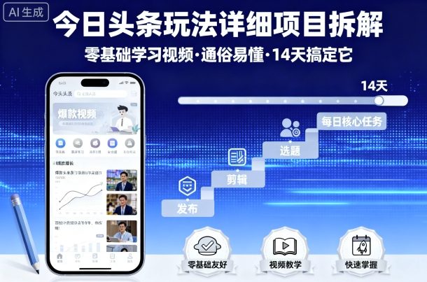 今日头条玩法详细项目拆解，零基础学习视频 通俗易懂 14天搞定它-58创客网