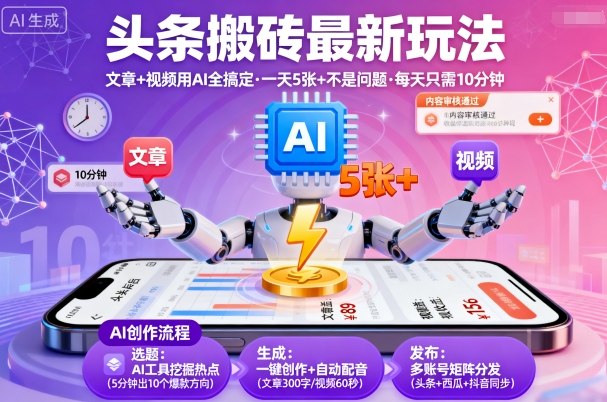 头条搬砖最新玩法，文章+视频用AI全搞定，一天5张+不是问题，每天只需10分钟-多米联创