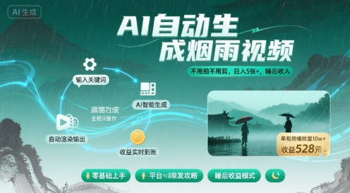 不用拍不用剪！AI自动生成烟雨视频，日入5张+，睡后收入-58创客网