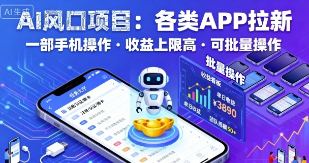 AI风口项目，各类APP拉新，一部手机就可以操作，收益上限高，可批量操作-58创客网