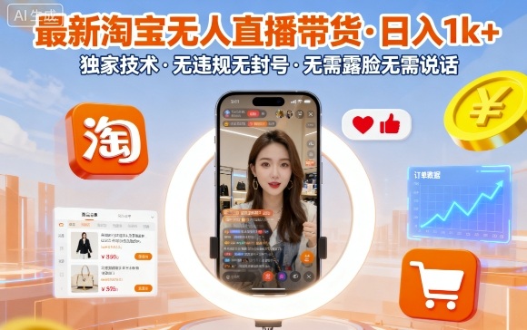 最新淘宝无人直播带货，日入1k+，独家技术，无违规无封号，无需露脸无需说话【揭秘】-多米联创