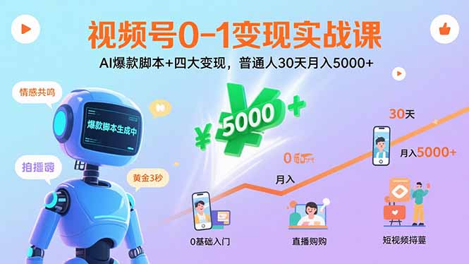 视频号0-1变现实战课：AI爆款脚本+四大变现，普通人30天月入5000+-58创客网