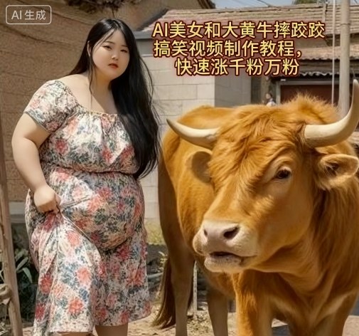 AI美女和大黄牛摔跤搞笑荒诞视频制作教程，快速涨千粉万粉-多米联创