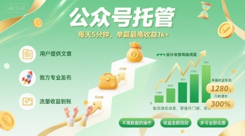 【公众号托管 】我提供文章，你发布，每天5分钟，单篇最高收益1k+【揭秘】-多米联创