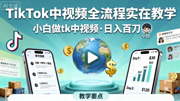 TikTok中视频全流程实操教学，小白做tk中视频，日入百刀-58创客网