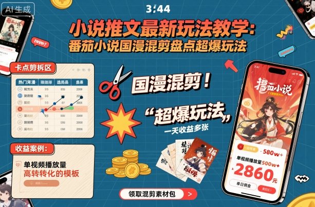 小说推文最新玩法教学，番茄小说国漫混剪盘点超爆玩法，全程干货，一天收益多张-多米联创