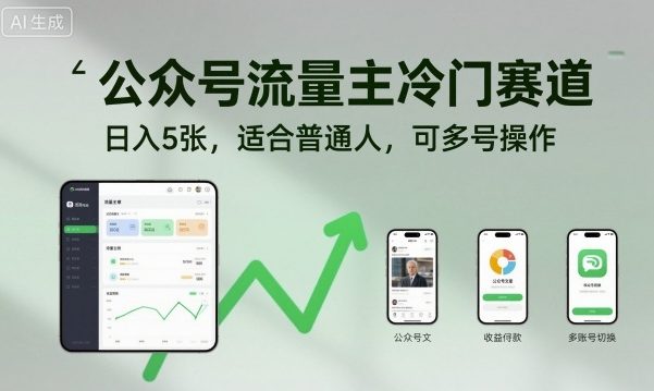 公众号流量主冷门赛道，日入5张，适合普通人，可多号操作-多米联创