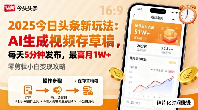 2025年今日头条躺賺新玩法，AI生成视频存草稿，每天5分钟发布，最高月1W+【揭秘】-58创客
