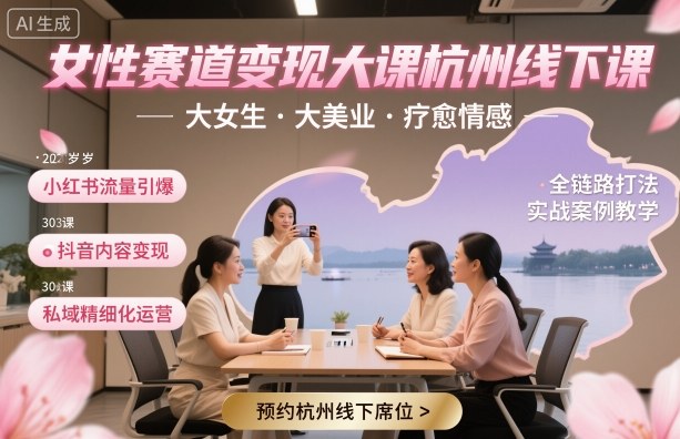 女性赛道变现大课杭州线下，大女生，大美业，疗愈情感，一套小红书、抖音、私域全链路打法-58创客