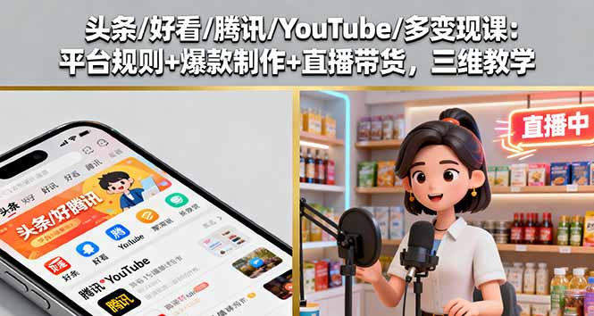 头条/好看/腾讯/YouTube/多变现课：平台规则+爆款制作+直播带货，三维教学-58创客网