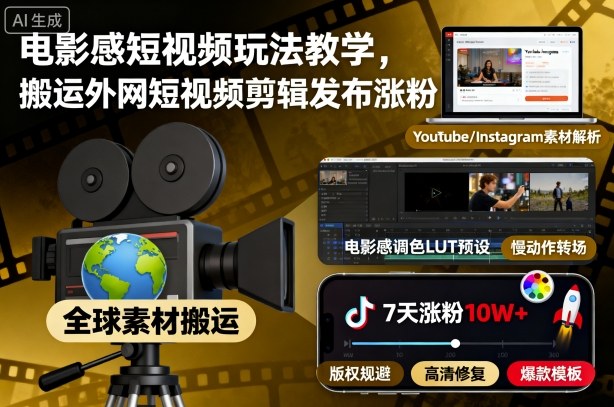 电影感短视频玩法教学,搬运外网短视频剪辑发布涨粉-申水仓