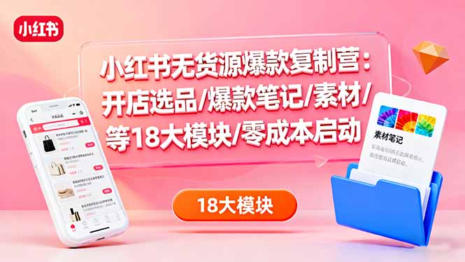 小红书无货源爆款复制营：开店选品/爆款笔记/素材/等18大模块/零成本启动-58创客