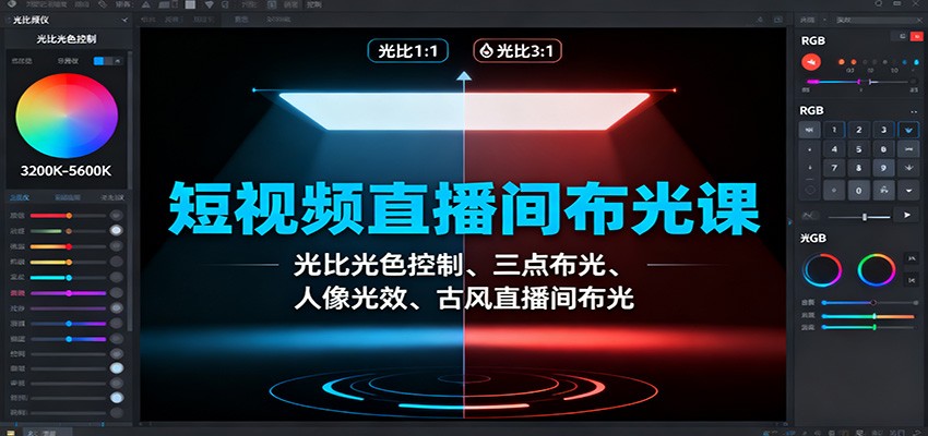 短视频直播间布光课:光比光色控制、三点布光、人像光效、古风直播间布光-申水仓
