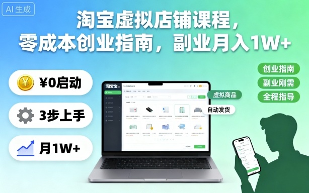 淘宝虚拟店铺课程,零成本创业指南,副业月入1W+-58创客