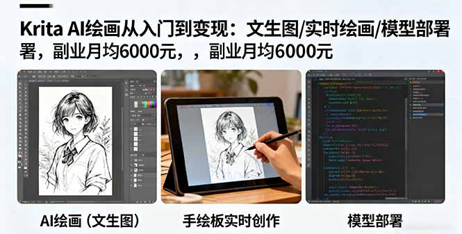 Krita AI绘画从入门到变现：文生图/实时绘画/模型部署，副业月均6000元-58创客