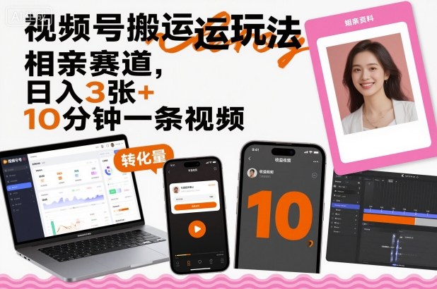 视频号搬运玩法，相亲赛道，日入3张+，10分钟一条视频-58创客