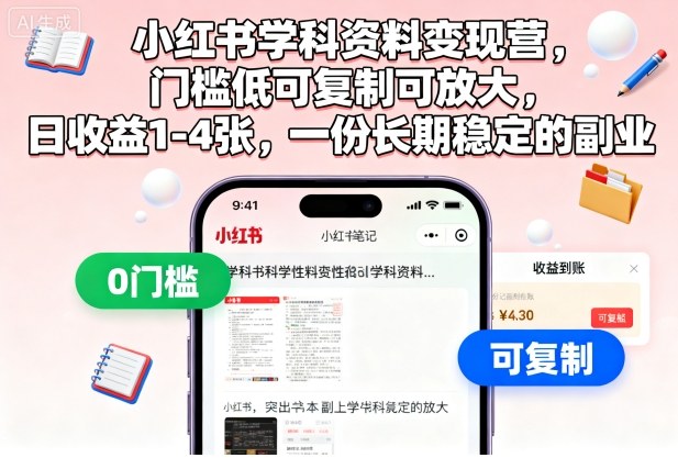小红书学科资料变现营,门槛低可复制可放大,日收益1-4张,一份长期稳定的副业-58创客
