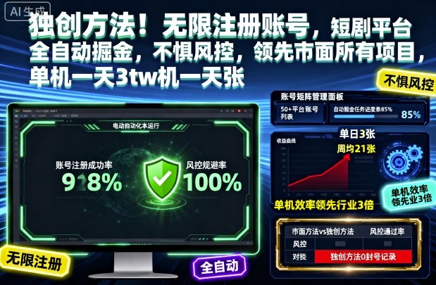 独创方法!无限注册账号,短剧平台全自动掘金,不惧风控,领先市面所有项目,单机一天3张【揭秘】-申水仓