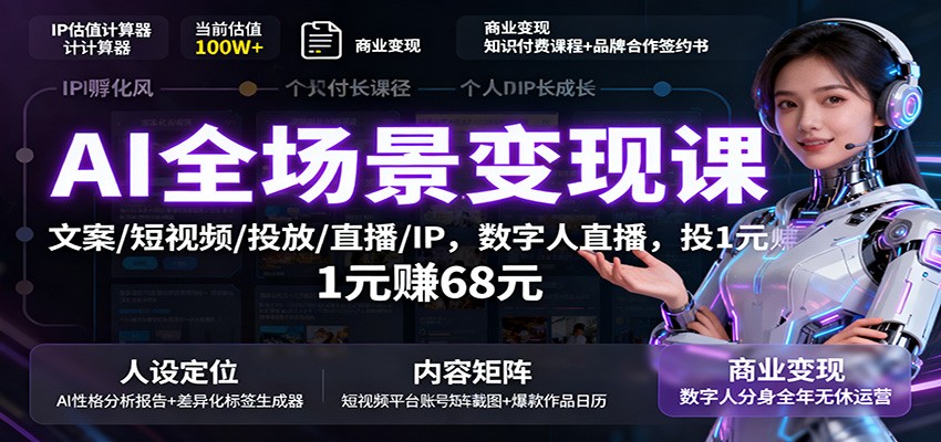 AI全场景变现课：文案/短视频/投放/直播/IP，数字人直播，投1元赚68元-58创客