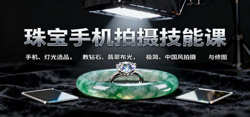 珠宝手机拍摄技能课:手机、 灯光选品,教钻石、翡翠布光,极简、中国风拍摄与修图-申水仓