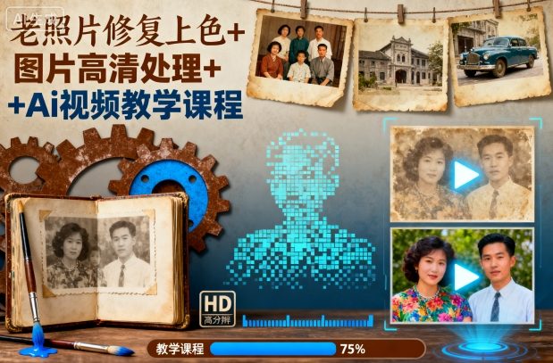 老照片修复上色+图片高清处理+Ai视频教学课程-58创客