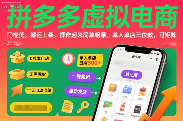 拼多多虚拟电商，门槛低，搬运上架，操作起来简单粗暴，单人单店三位数，可矩阵-58创客