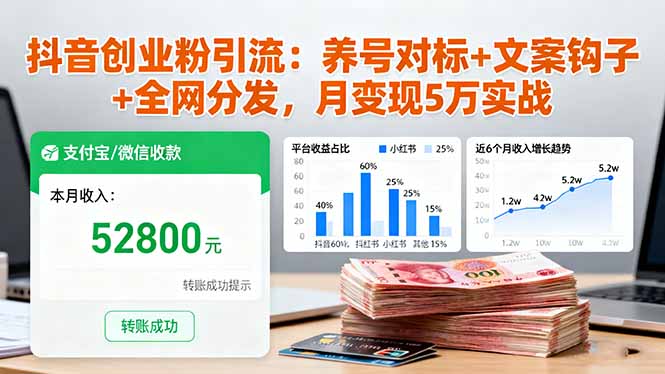 抖音创业粉引流：养号对标+文案钩子+全网分发，月变现5万实战-58创客