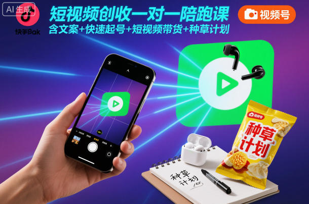 短视频创收一对一陪跑课，含文案+快速起号+短视频带货+种草计划-申水仓