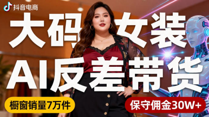 抖音小众赛道，大码女装AI反差带货，不用直播，每天6条作品，橱窗卖7万件，保守佣金30W+-申水仓