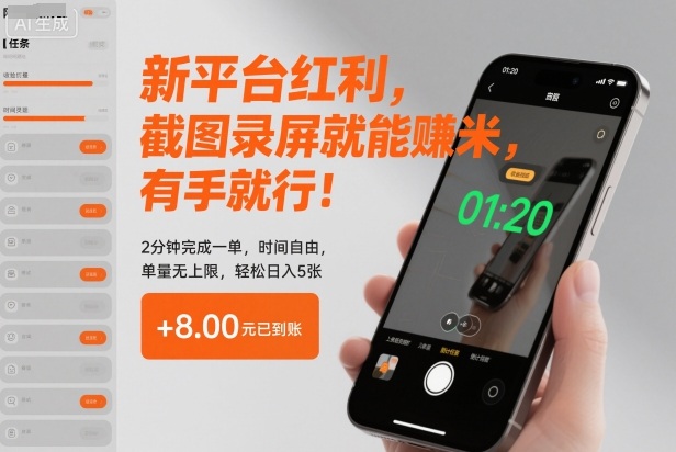 新平台红利，截图录屏就能賺米，有手就行！2分钟完成一单，时间自由，单量无上限，轻松日入5张【揭秘】-申水仓