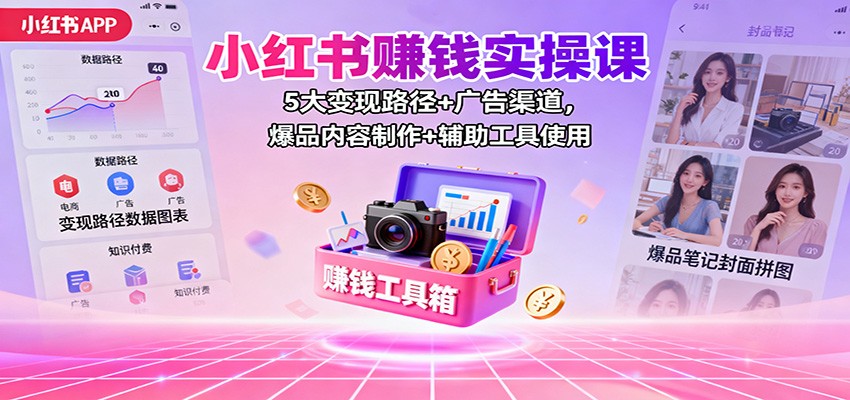 小红书赚钱实操课：5大变现路径+广告渠道，爆品内容制作+辅助工具使用-申水仓