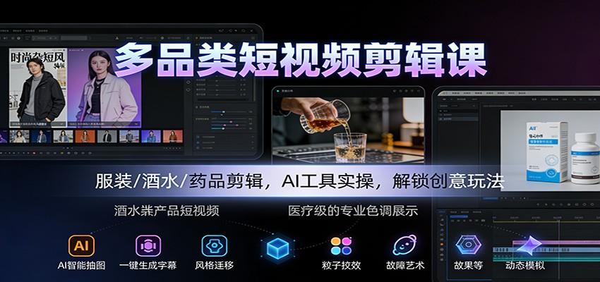 多品类短视频剪辑课：服装/酒水/药品剪辑，AI工具实操，解锁创意玩法-申水仓
