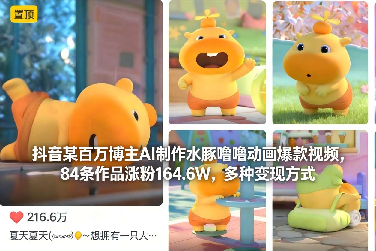 抖音某百万博主AI制作水豚噜噜动画爆款视频，84条作品涨粉164.6W，多种变现方式-多米联创
