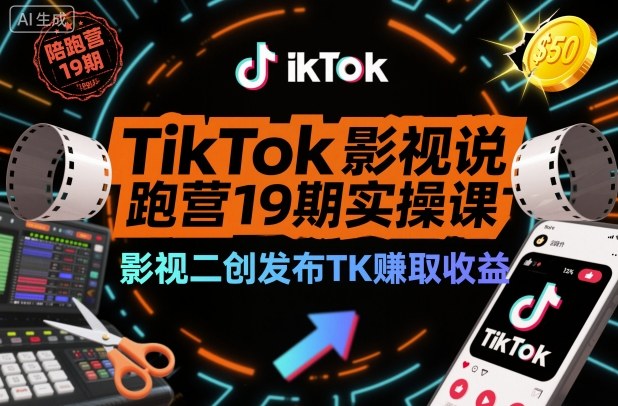 TikTok影视解说陪跑营19期实操课，影视二创发布TK賺取收益，万播收益50美金(更新)-多米联创