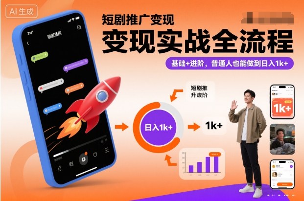 短剧推广变现实战全流程,基础+进阶,普通人也能做到日入1k+-申水仓