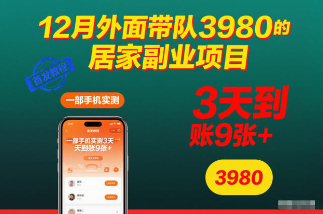 12月外面带队3980的居家副业项目,一部手机实测3天到账9张+,首发教程【揭秘】-申水仓