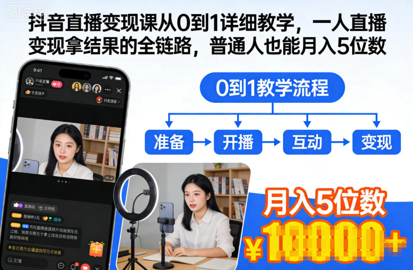 抖音直播变现课从0到1详细教学，一人直播变现拿结果的全链路，普通人也能月入5位数-申水仓