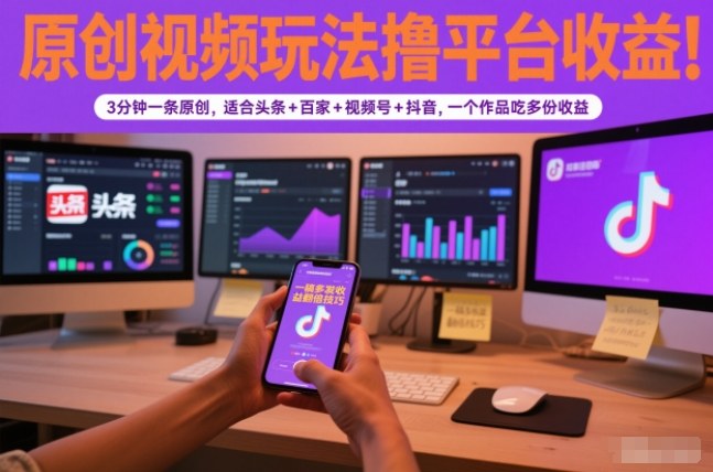 原创视频玩法撸平台收益，3分钟一条原创，适合头条+百家+视频号+抖音，一个作品吃多份收益-多米联创