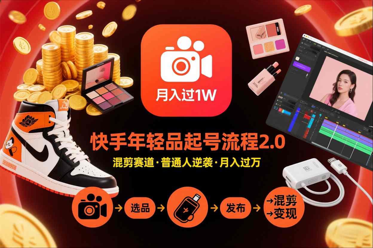 快手短视频带货年轻品起号流程2.0，快手年轻品混剪赛道，普通人也能月入过1W-多米联创