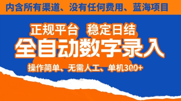 全自动数字录入,单机日入3张+,内含所有渠道全程免费零成本,操作简单可矩阵开干【揭秘】-申水仓