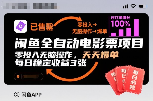 闲鱼全自动电影票项目,零投入无脑操作,天天爆单,每日稳定收益3张【揭秘】-申水仓