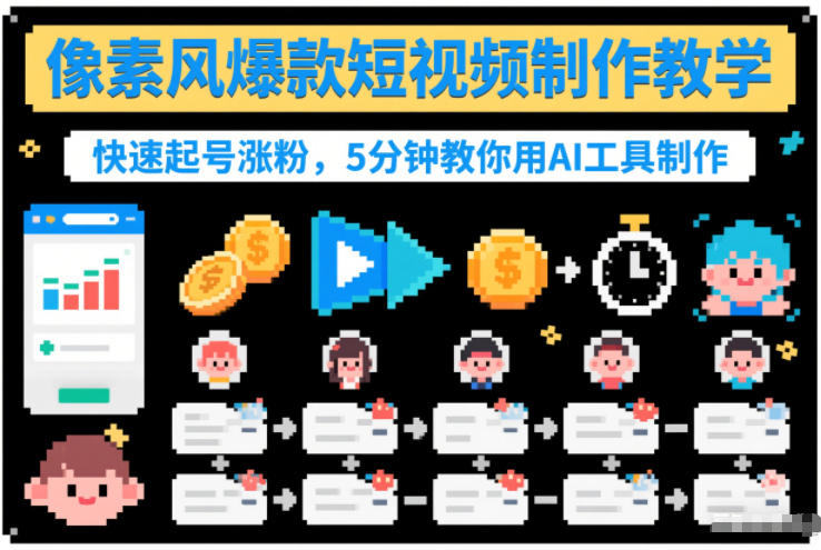 像素风爆款短视频制作教学，快速起号涨粉，5分钟教你用AI工具制作-多米联创
