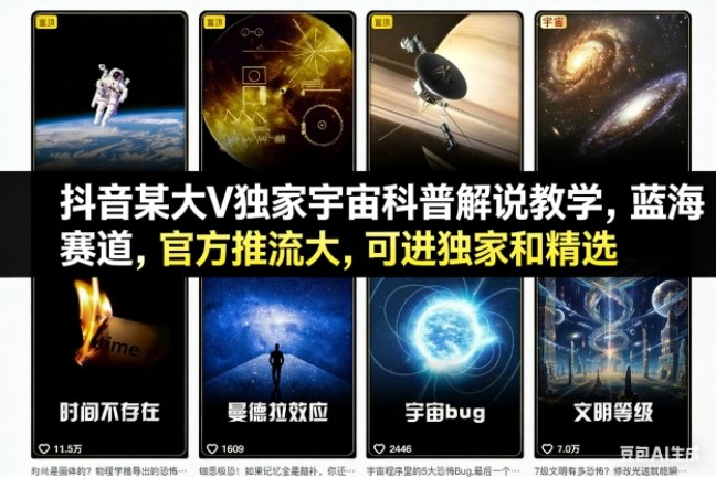抖音某大V独家宇宙科普解说教学，蓝海赛道，官方推流大，可进独家和精选-多米联创