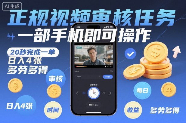 正规视频审核任务，一部手机即可操作，20秒完成一单，日入4张，多劳多得【揭秘】-申水仓