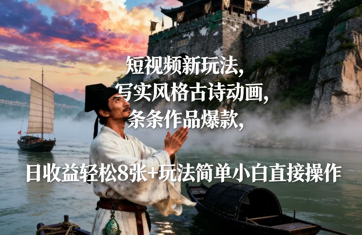 短视频新玩法，写实风格古诗动画，条条作品爆款，日收益轻松8张+玩法简单小白直接操作-58创客